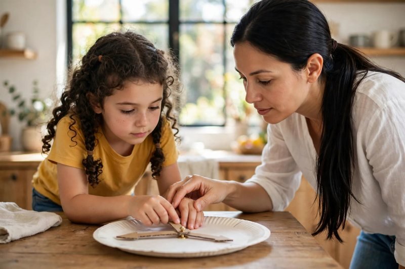 Mother guides her daughter's hand to move the long minute hand on the learning clock