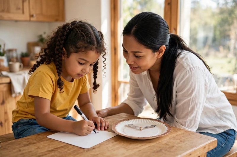 Girl writes on a blank index card with a marker beside her paper-plate learning clock
