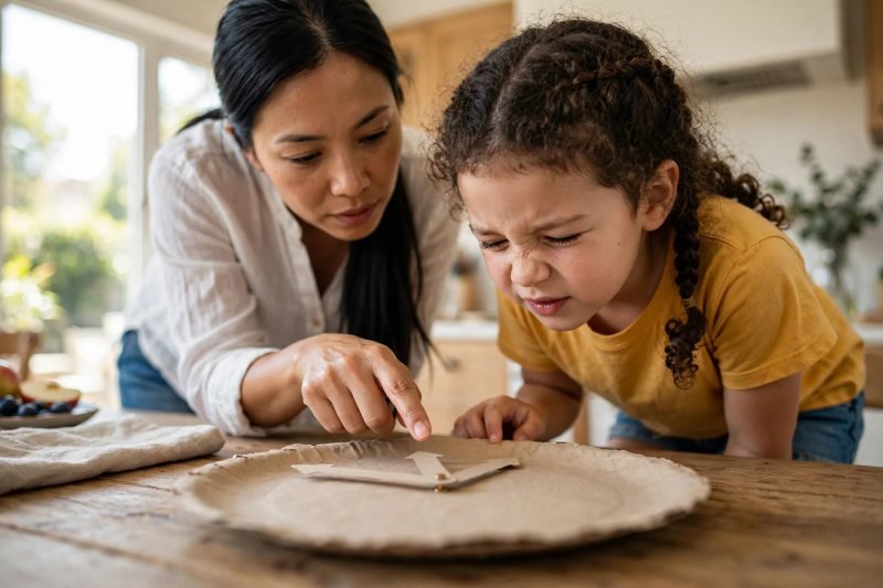Mother points at the clock's short hand while her daughter leans in to study it