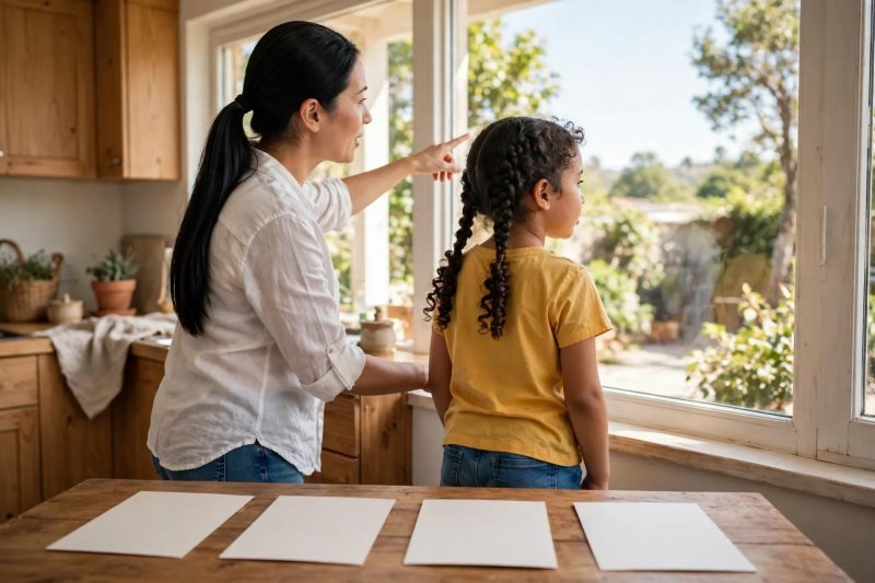 Mother and daughter look out the bright window, gesturing at daylight beside face-down cards