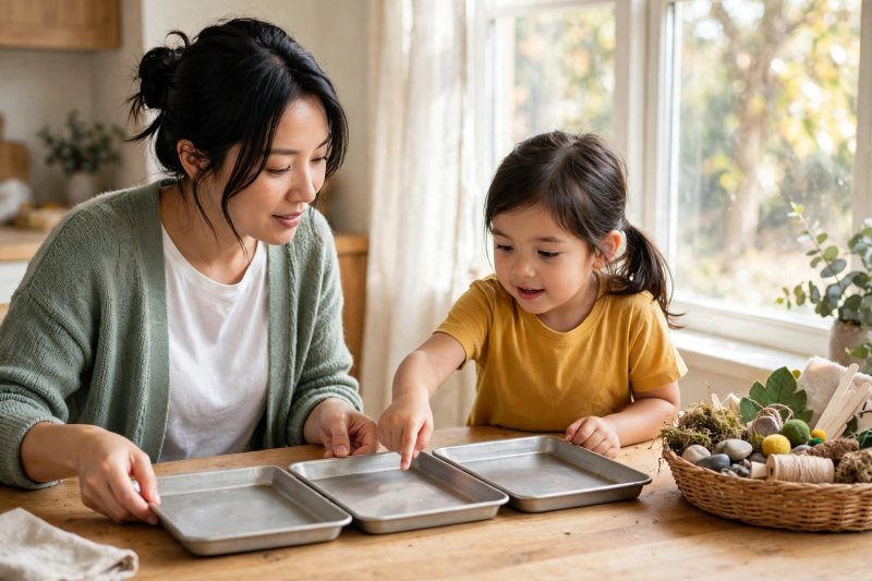 Mother and daughter laying out three empty metal baking trays on a kitchen table