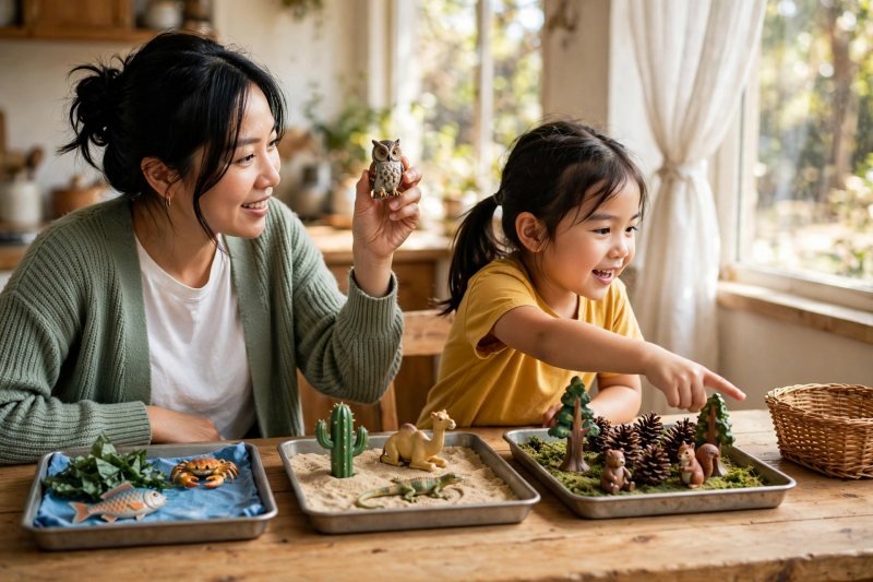 Mother holding up a toy owl as her daughter points at the forest tray