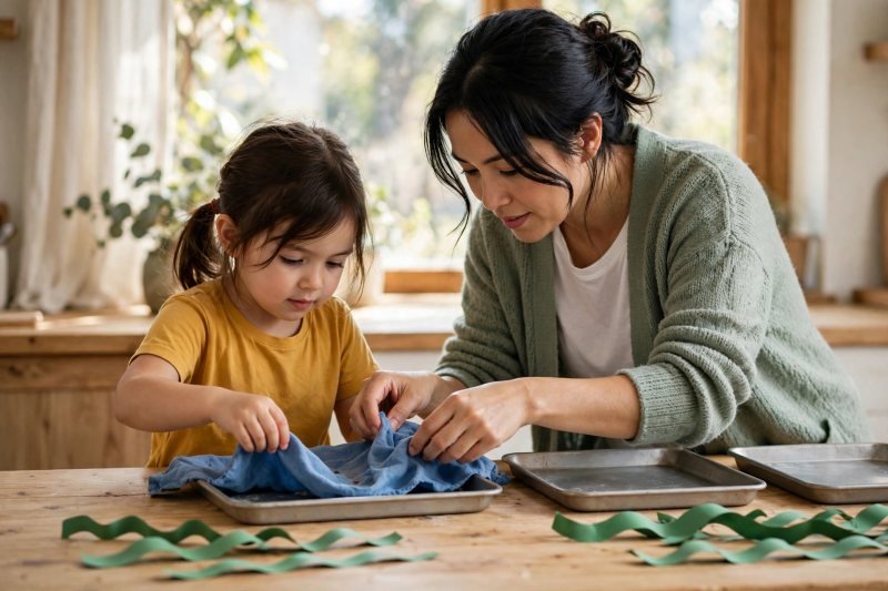 Girl and mother draping blue cloth over a tray while seaweed strips wait nearby