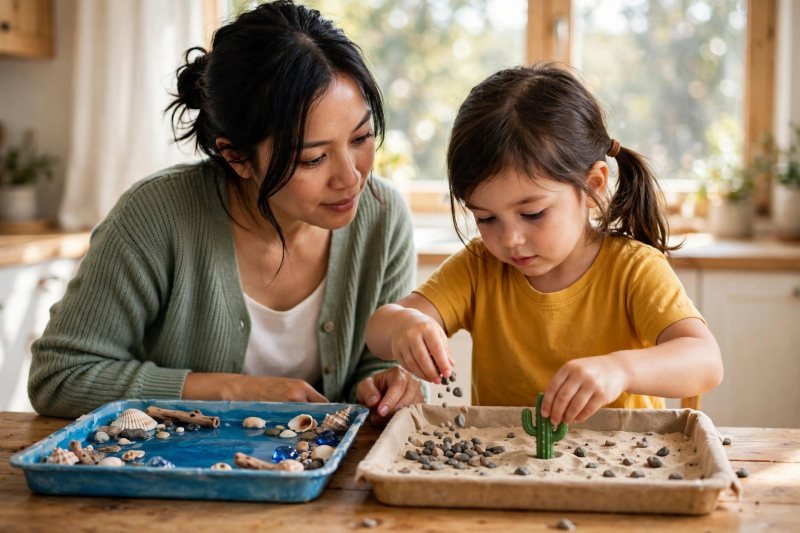 Girl scattering pebbles and placing a plastic cactus in a sandy desert tray