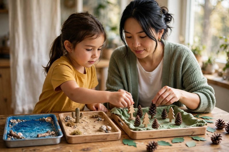 Girl and mother standing toy trees and pinecones on a green forest tray