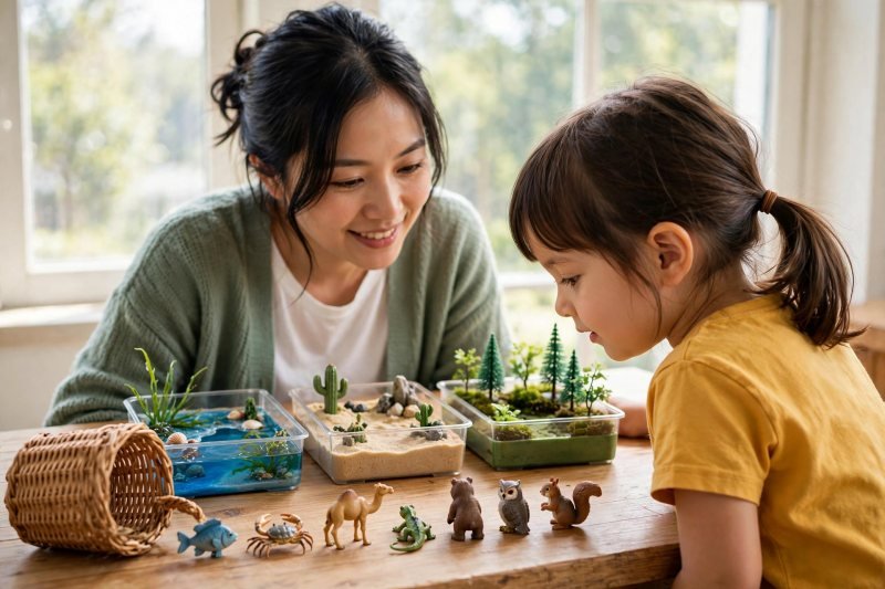 Mother and girl viewing finished habitat trays with a mixed row of toy animals