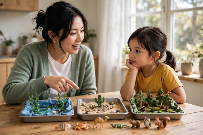 Mother pointing at the finished habitat trays while her daughter listens attentively