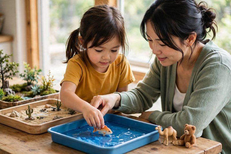 Girl lowering a toy fish into the blue ocean tray with mother's guidance