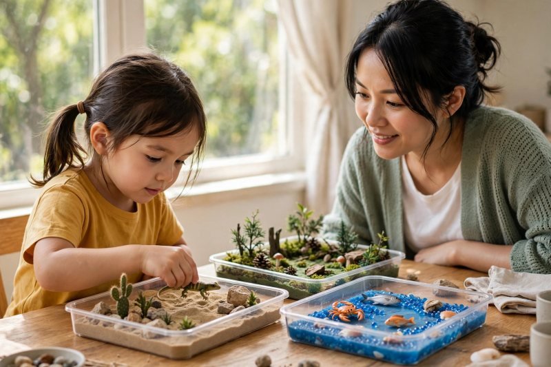 Girl placing a toy lizard into the sandy desert tray beside the sorted fish