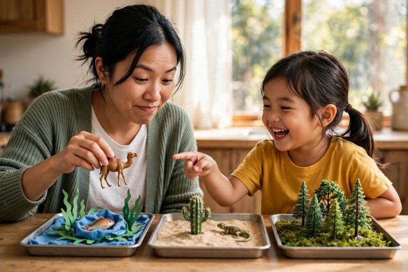 Mother holding a toy camel over the ocean tray as her daughter laughs