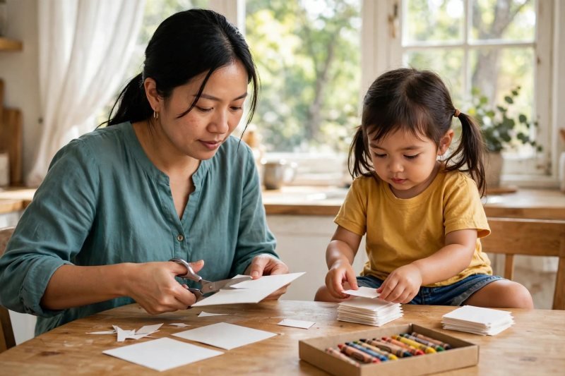 Mother cutting blank cards while her preschooler stacks them at the table