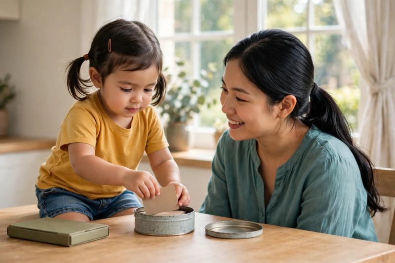 Preschooler tucking the matching cards into a round storage tin
