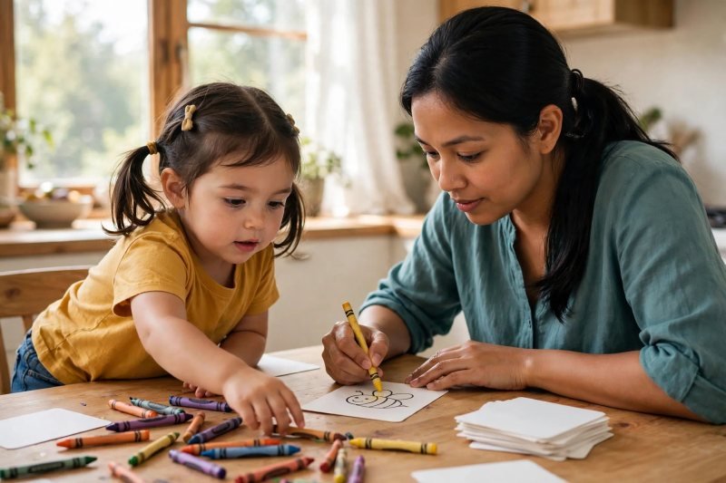 Mother drawing a bee on a card while her preschooler reaches for crayons