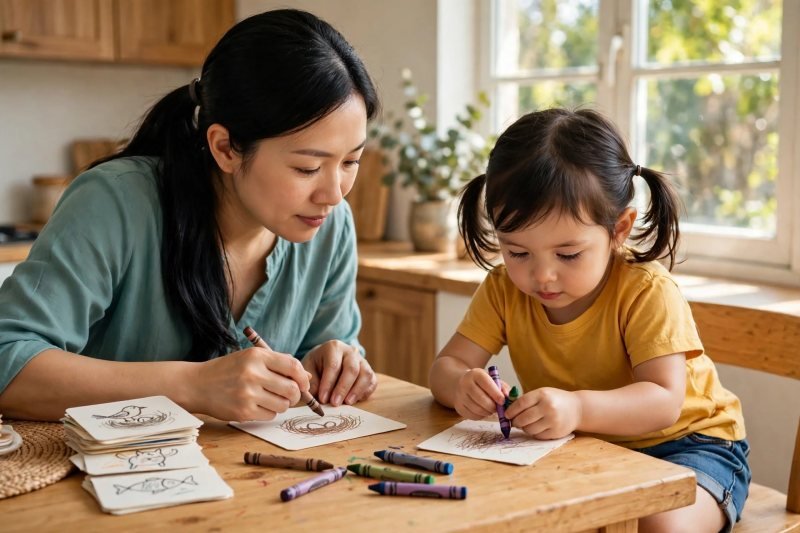 Mother sketching a nest card beside her preschooler drawing her own