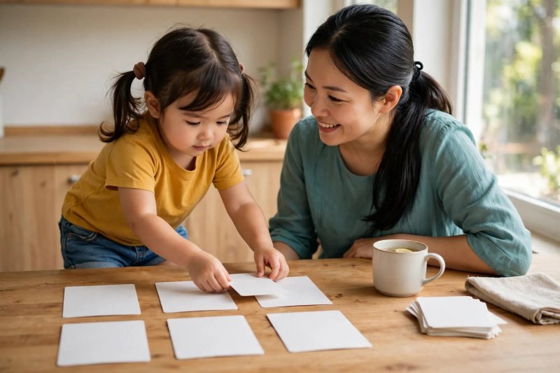 Preschooler laying six face-down cards in neat rows while mother smiles