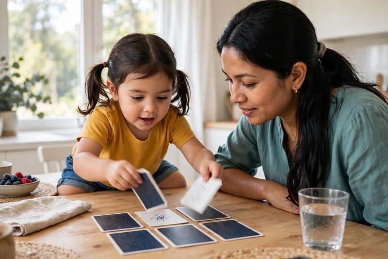 Preschooler flipping two cards in the animal homes matching grid