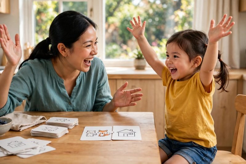 Mother and preschooler cheering a matched animal-and-home pair of cards