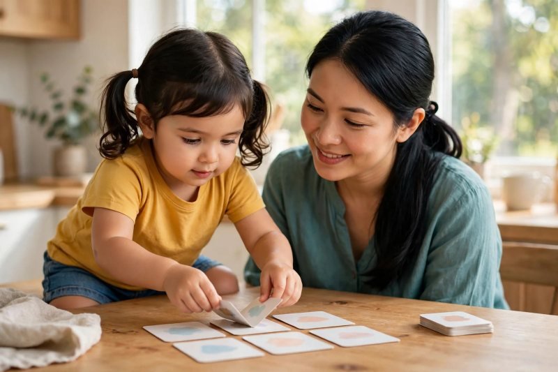 Preschooler flipping mismatched cards back over while mother smiles gently