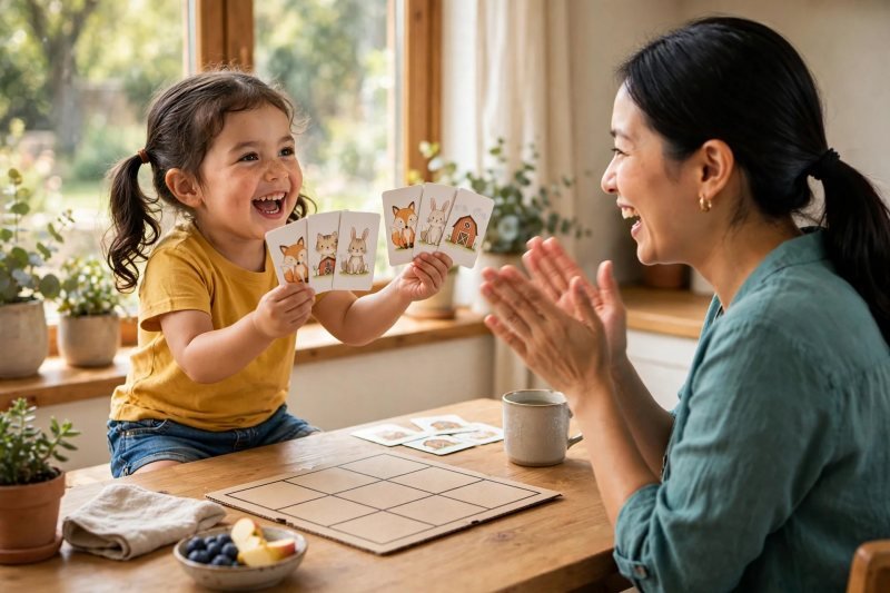 Proud preschooler holding collected pairs while her mother claps and cheers