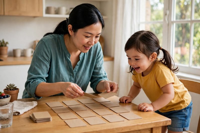 Mother adding new pairs to a larger face-down card grid at the table