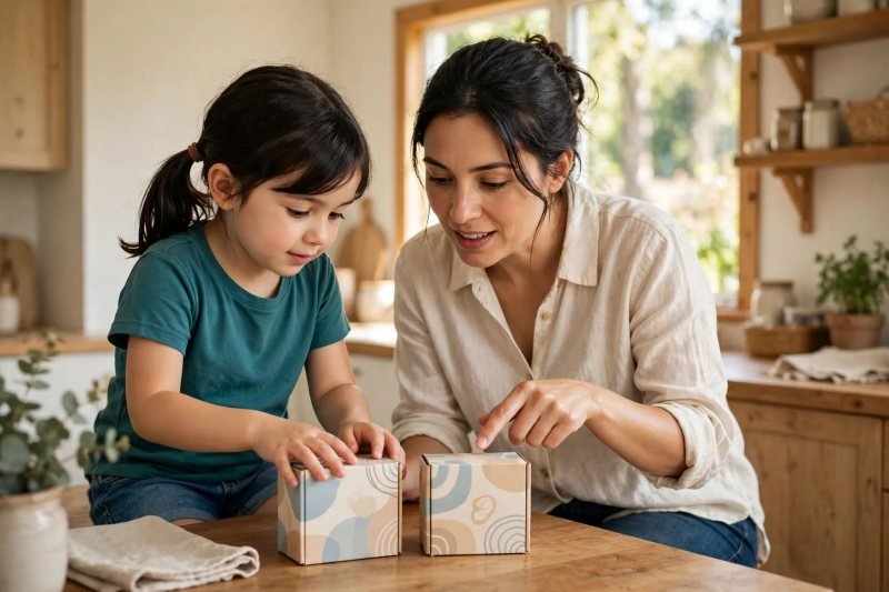 Girl and mother comparing two sealed ant farm kits on the kitchen table