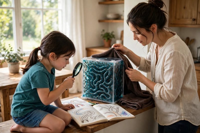 Girl observing the mature tunnel network with a magnifier as mother re-covers it