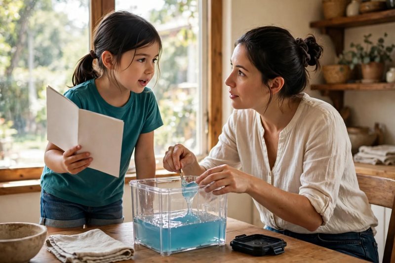 Mother filling the clear gel ant farm while the girl reads the instructions aloud