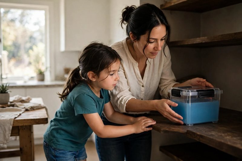 Mother placing the sealed gel farm on a quiet shaded kitchen shelf