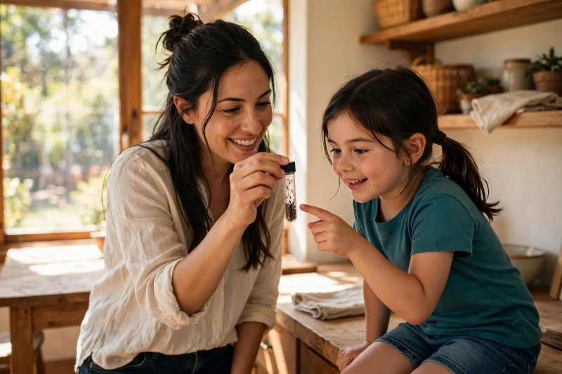Mother holding a sealed shipping tube of harvester ants while the girl watches