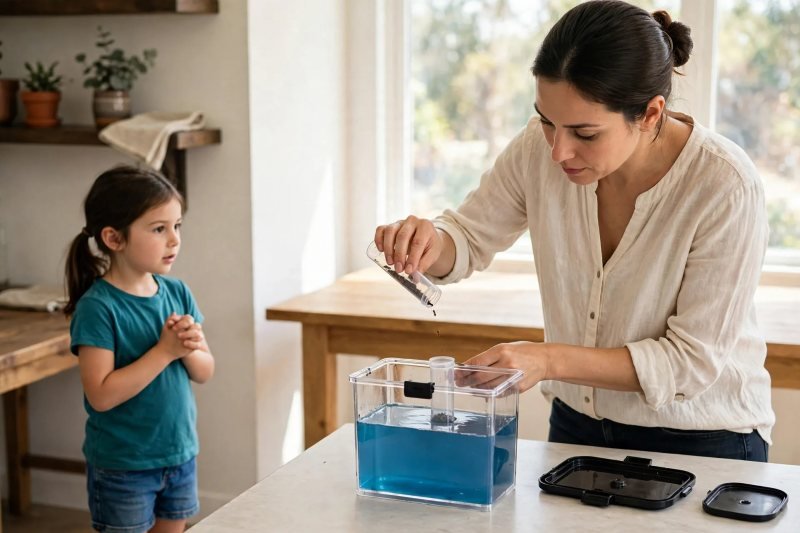 Mother tipping ants from the tube into the gel farm while the girl observes