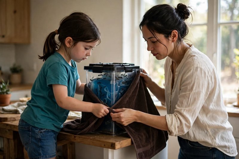 Mother and girl draping a dark towel over the sealed ant farm on the shelf
