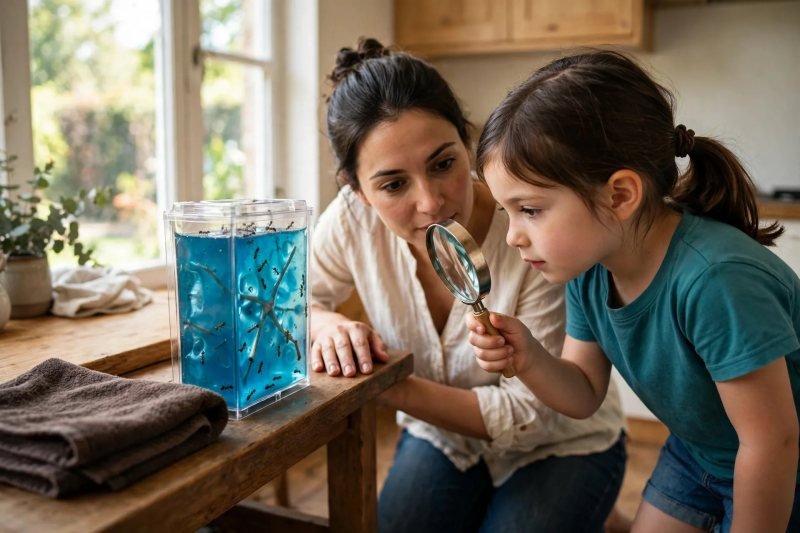 Girl pressing a magnifying glass to the farm to watch the first tunnels appear