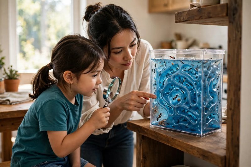 Mother pointing out a digger, forager, and guard ant through the tunnel-filled gel