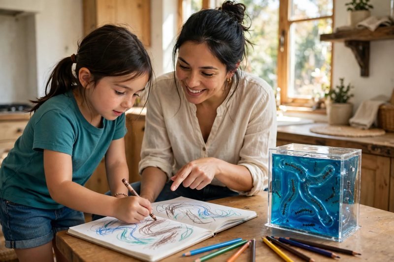 Girl drawing winding tunnels in her notebook with the ant farm beside her