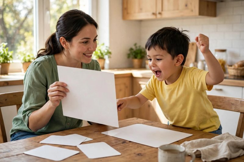 Mother holds blank chunk card as her son traces it chanting at the kitchen table.