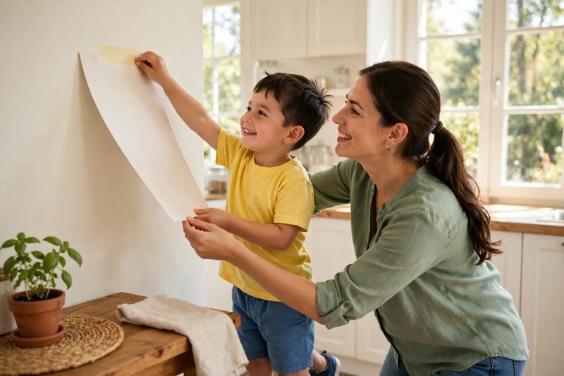 Boy tapes the blank word list to the kitchen wall, mother steadying it.