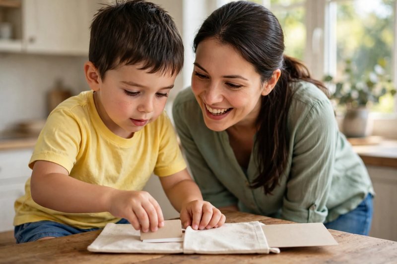 Boy slides a letter card through the envelope pocket while mother cheers.