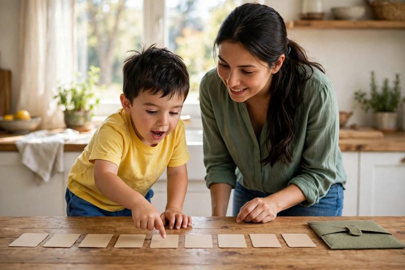 Boy reads a parade row of blank cards as his mother nods along.