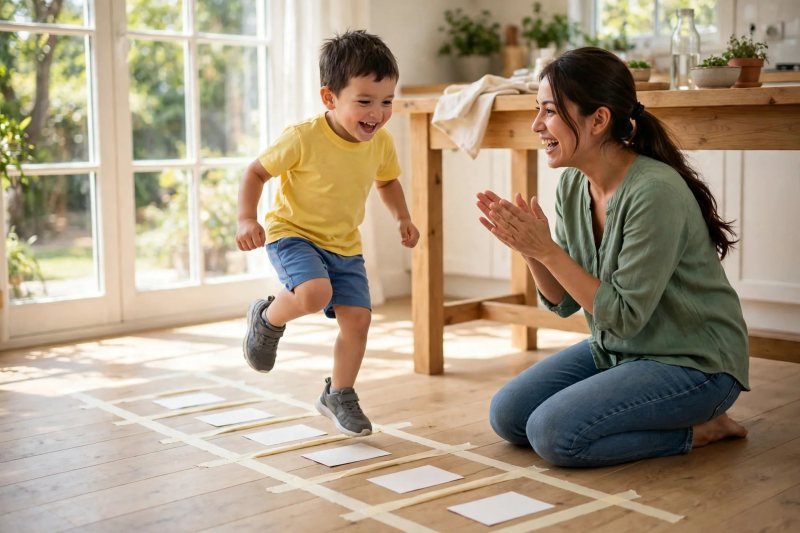 Boy hops the tape ladder of word cards while mother claps cheering.