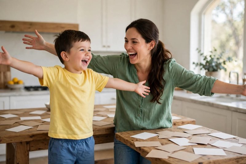 Mother and son stretch arms wide chanting blended sounds laughing together.