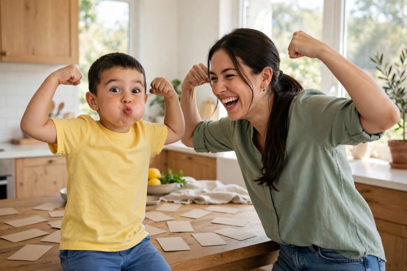 Boy makes a silly flexing sound-effect pose while mother echoes laughing.