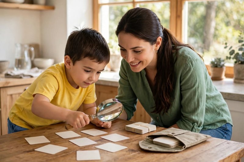 Boy studies blank word cards through a magnifying glass as mother watches.