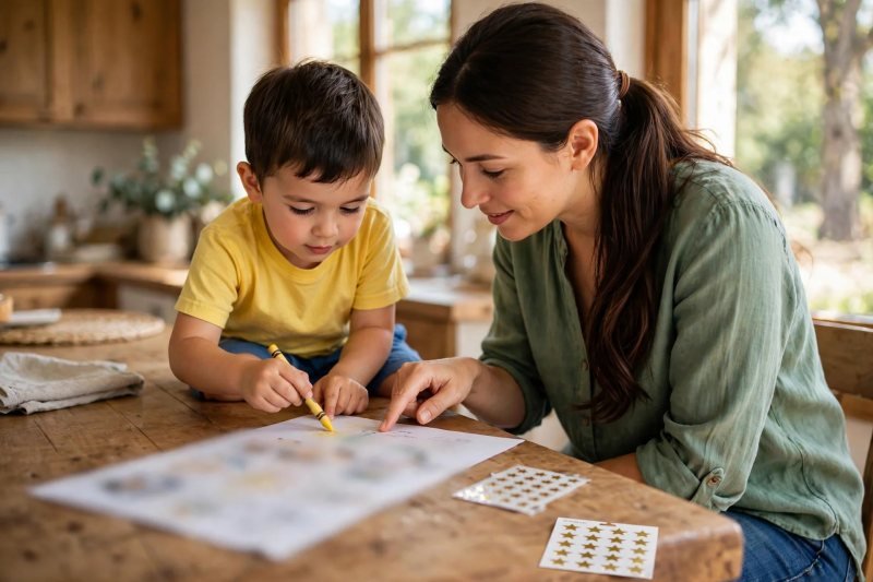 Mother and son read the angled word-list sheet, boy ready with crayon.