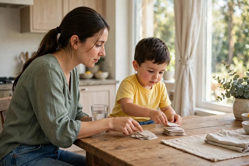 Boy sorts blank cards into two family piles as mother guides him.