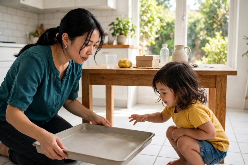 Mother setting a large raised-edge tray on the kitchen floor while her 3-year-old watches eagerly