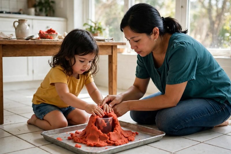 3-year-old moulding playdough around a plastic cup into a lumpy volcano cone on a tray