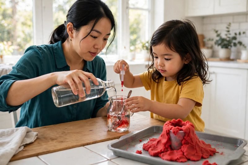 Mother pouring vinegar into a small jug while the child stirs in red colouring drops