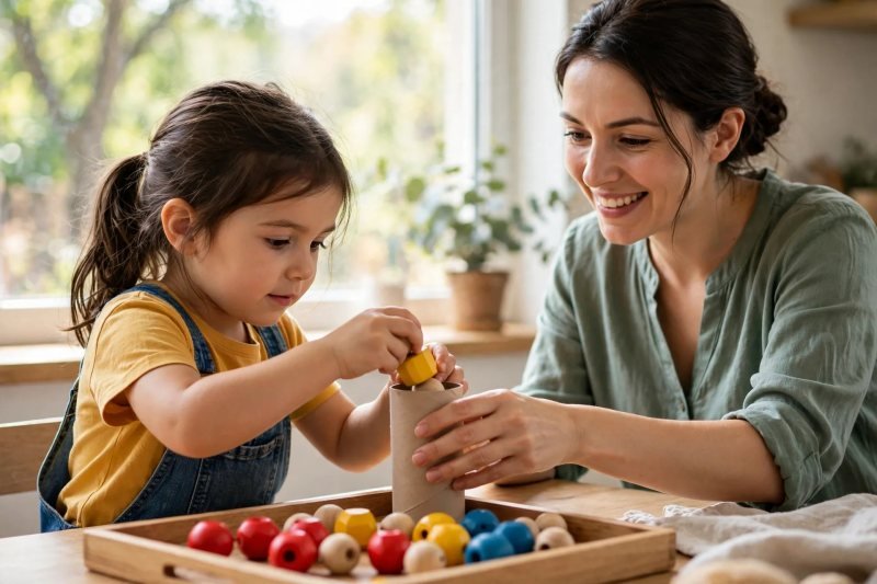 A little girl tests a chunky yellow bead against a toilet-paper roll while her mother steadies it