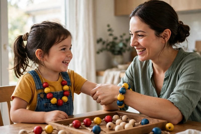 A smiling child wears her red-yellow bead necklace beside her mother's blue-yellow bead bracelet
