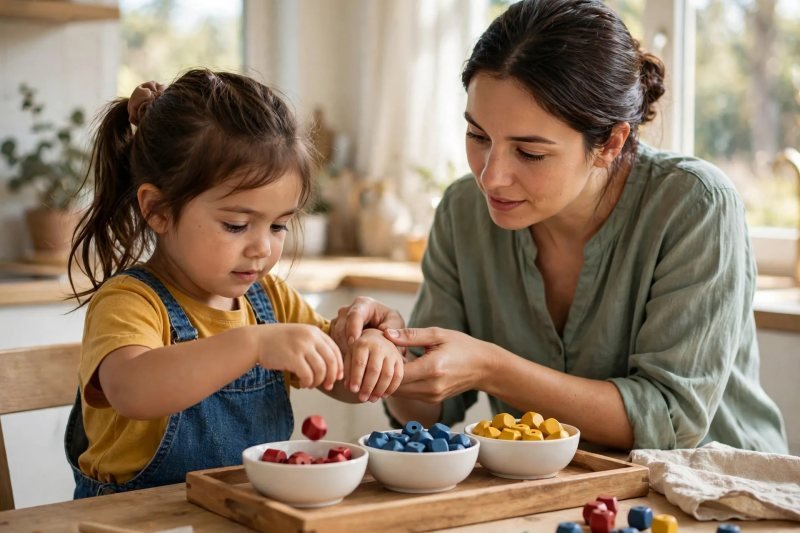 A four-year-old girl drops red wooden beads into a white bowl as her mother guides her hand